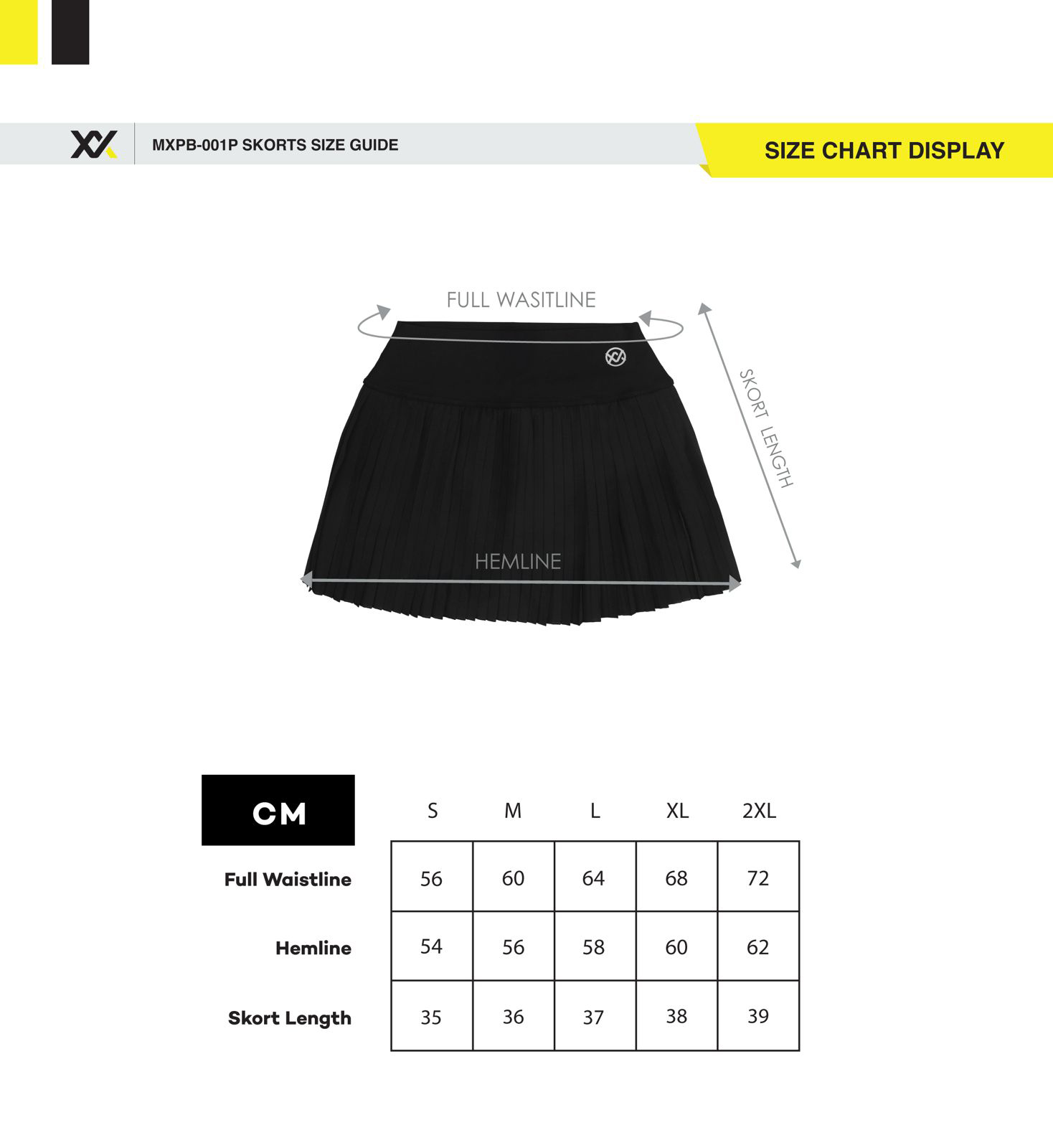 MAXX Skort MXPB-001P Size Chart